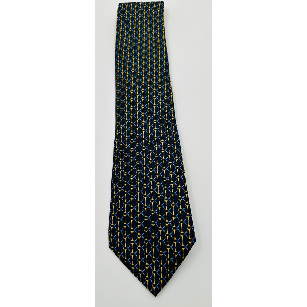 Teo Grimaldi Navy Blue Gold Horse Bit Chain Link Silk Tie Made in Italy 60x3.75